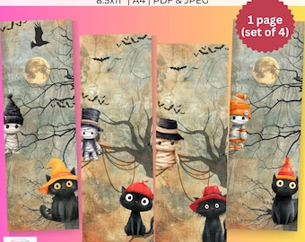 Halloween Black Cat Bookmarks Printable Set of 4: Halloween Bookmark (PDF & JPEG)