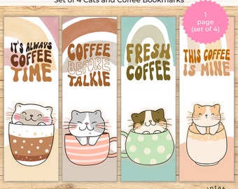 Cats and Coffee Printable Bookmarks: Set of 4 Cat Lover DIY Keepsake (PDF & JPEG)