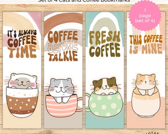 Cats and Coffee Printable Bookmark Set of 4, Cat Bookmark, Cat Lover Bookmark, Unique Bookmarks, Cute Bookmarks, Bookmark Printable