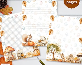 Fall Woodland Animals Stationery Set: Lined, Grid, Unlined Paper Collection (PDF & JPEG)
