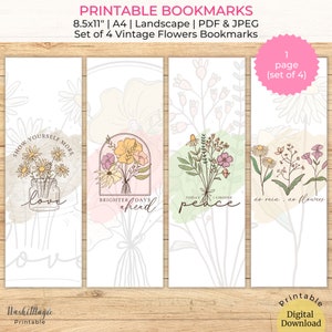 Vintage Blumen Lesezeichen 4er Set Lesezeichen | Pastell Printables Lesezeichen DIY Geschenkidee für Lehrer | Digitales Lesezeichen | Lesezeichen Blume
