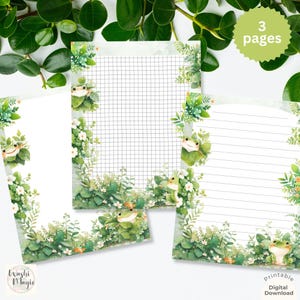 May include: Three-page printable stationery set featuring a frog theme. The pages include a grid, lined, and blank design, all with a border of green foliage, white flowers, and cartoon frogs. The words "3 pages" and "Printable Digital Download" are visible.