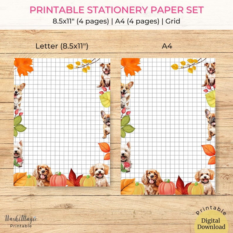 Autumn Dogs Stationery Paper: Lined, Grid, Dot Grid Notebook Page ...