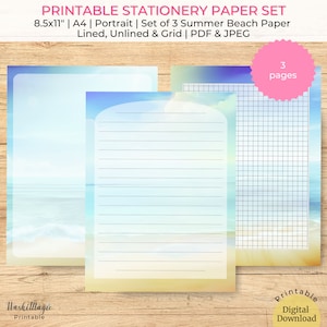 Juego de papel de papelería imprimible Summer Beach, papel rayado, papel sin forro, papel cuadriculado, juego de escritura de cartas, carta de penpal, diario estético