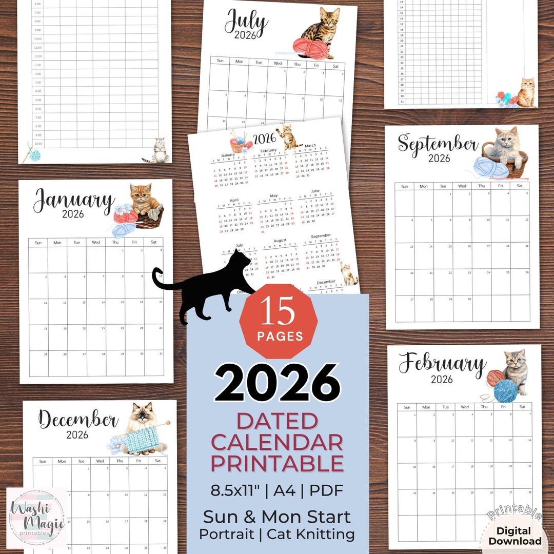 Cat Knitting 2026 Dated Calendar Printable: Monthly Planner Portrait Vertical (PDF) - Etsy