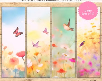 Printable Bookmarks Set of 4 Pastel Wildflowers | Floral Bookmark Printable DIY Gift Idea For Teachers | Digital Bookmark | Floral Bookmark