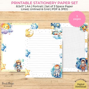 Papel de cuaderno de nave espacial espacial colorido imprimible, papel cuadriculado, papelería Kawaii para hacer lista, papel forrado negro, papelería de astronauta