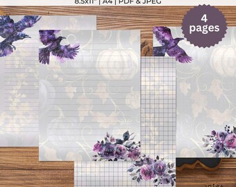 Halloween Raven Stationery: Purple Floral Paper Set (Digital Download)