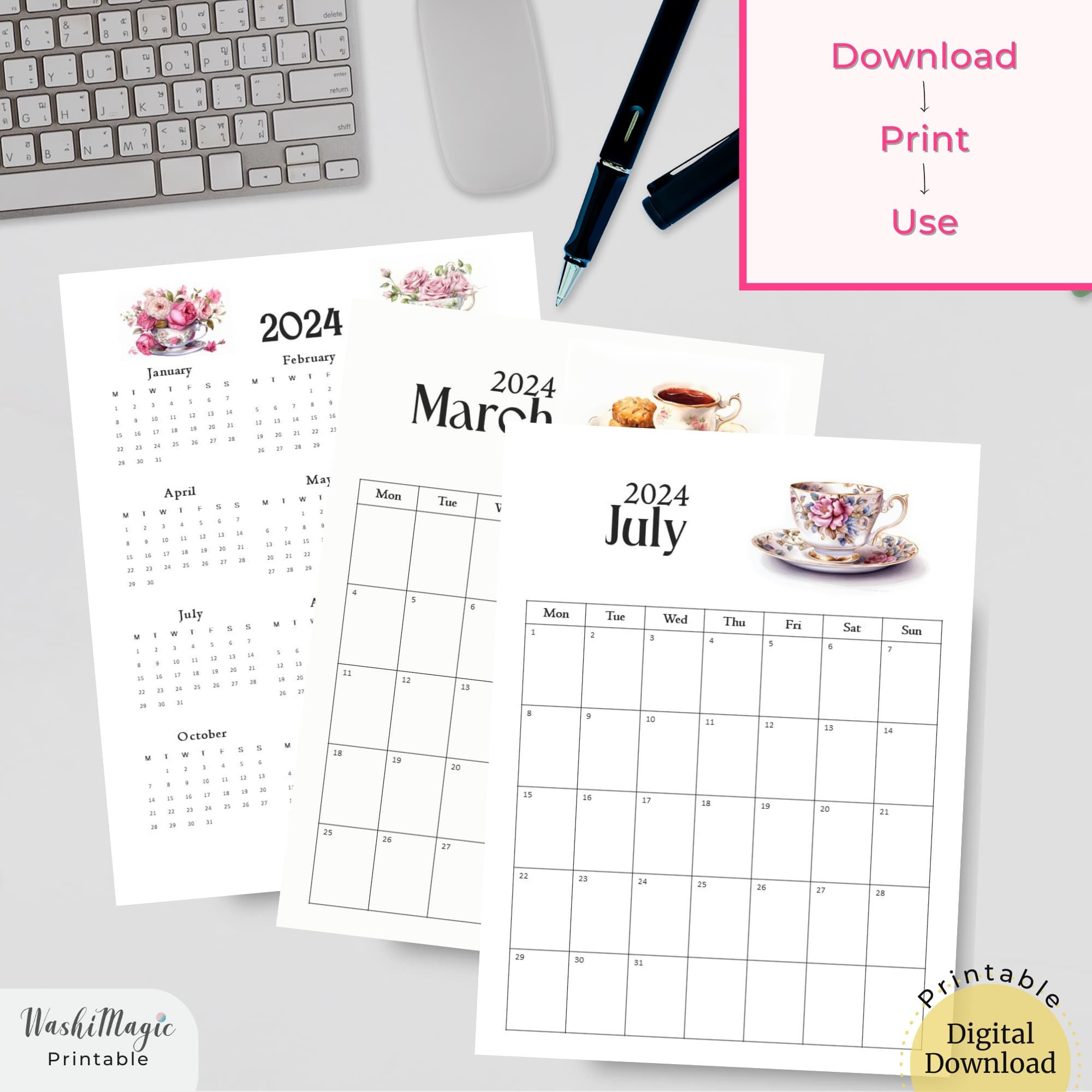 Vintage Teacup Calendar Printable Wall Calendar, to Do List Monthly ...