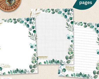 May include: Three-page printable stationery set with eucalyptus and gold leaf accents. The pages include a blank page, a grid page, and a lined page. The text includes "Sparkle Every Day", "Perfectly Imperfect", and "Brave Capable".