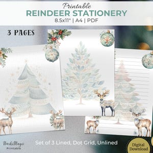 Juego de papelería imprimible con renos florales navideños, juego de escritura de cartas, arte navideño imprimible, papel para escribir cartas navideñas, notas kawaii