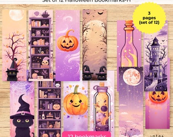 Set of 12 Cute Spooky Halloween Bookmark Printable, Pumpkin Bookmarks, Spooky Bookmark, Cat Bookmark Set, Halloween Gift, Printable Bookmark