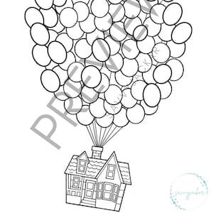 May include: Black and white line art illustration of a house with a chimney and a roof, being lifted into the air by a cluster of balloons. The text "Goal:" and "Each Balloon =" is at the top of the page.