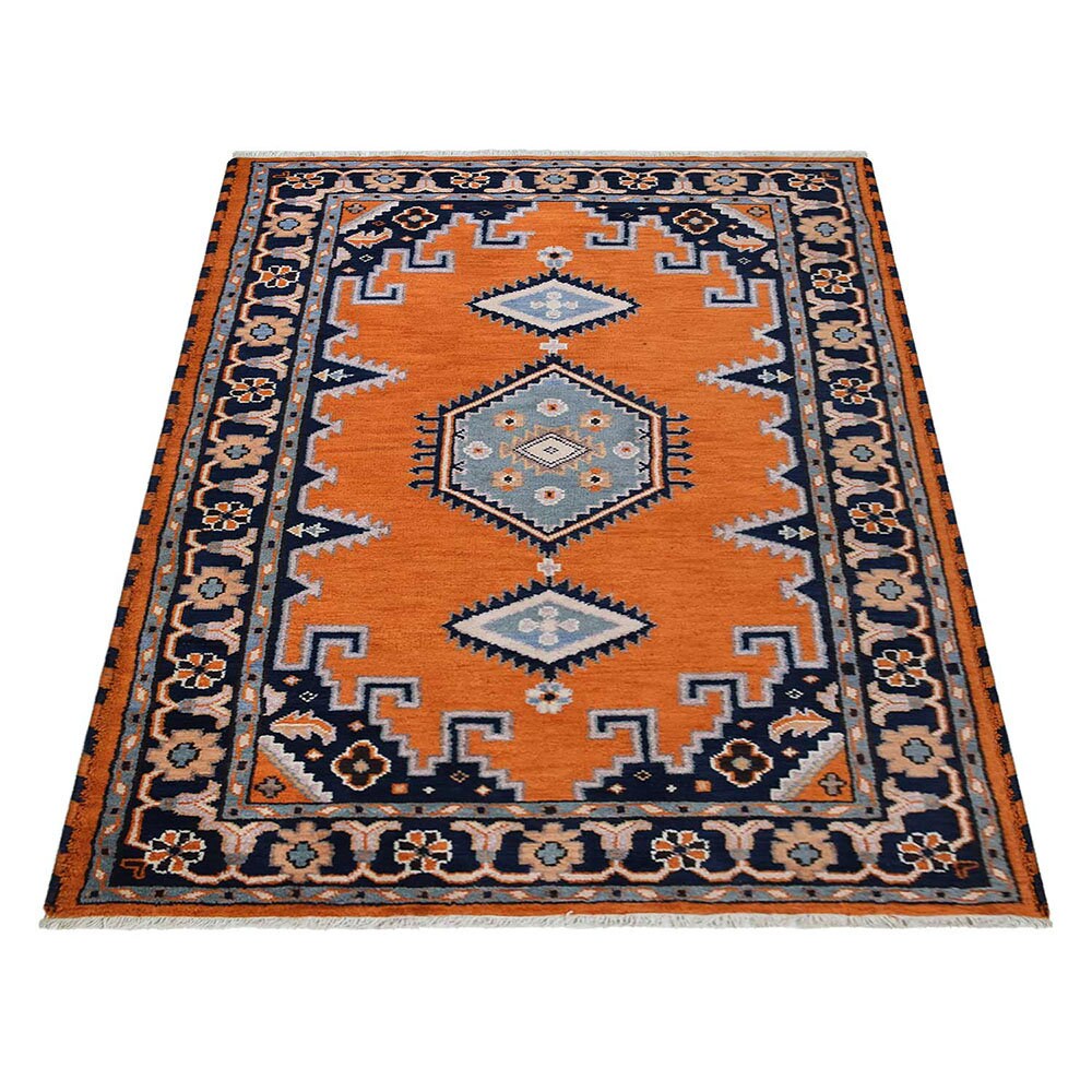 Hand Knotted Premium Quality Oriental Dark Orange Navy Silk and Wool ...