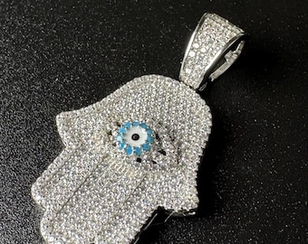 Sterling Silver Hamsa Hand Pendant with Evil Eye | Rhodium Finish | Protective Charm Necklace