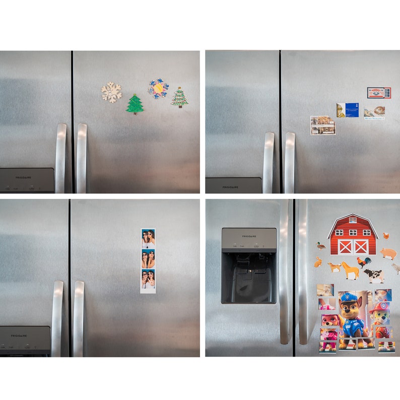 Puede incluir: Cuatro refrigeradores de acero inoxidable con varios imanes adheridos. Los imanes incluyen un copo de nieve, un &aacute;rbol de Navidad, una escena de granja, una tira de fotos y un personaje de dibujos animados.