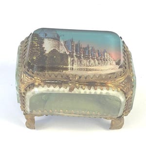 Antique French Bevelled Glass, Trinket Box, Jewel Casket. Souvenir Josselin Chateau.
