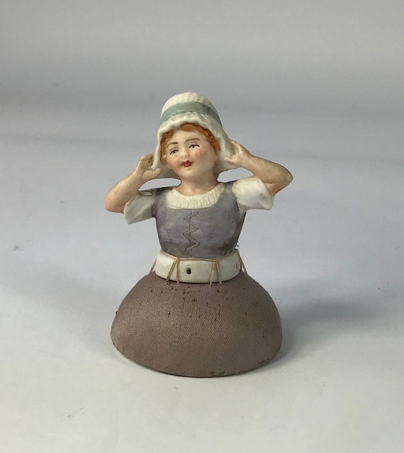 Vintage Painted Bisque Half Doll Pincushion. Young Girl. Silk Etsy