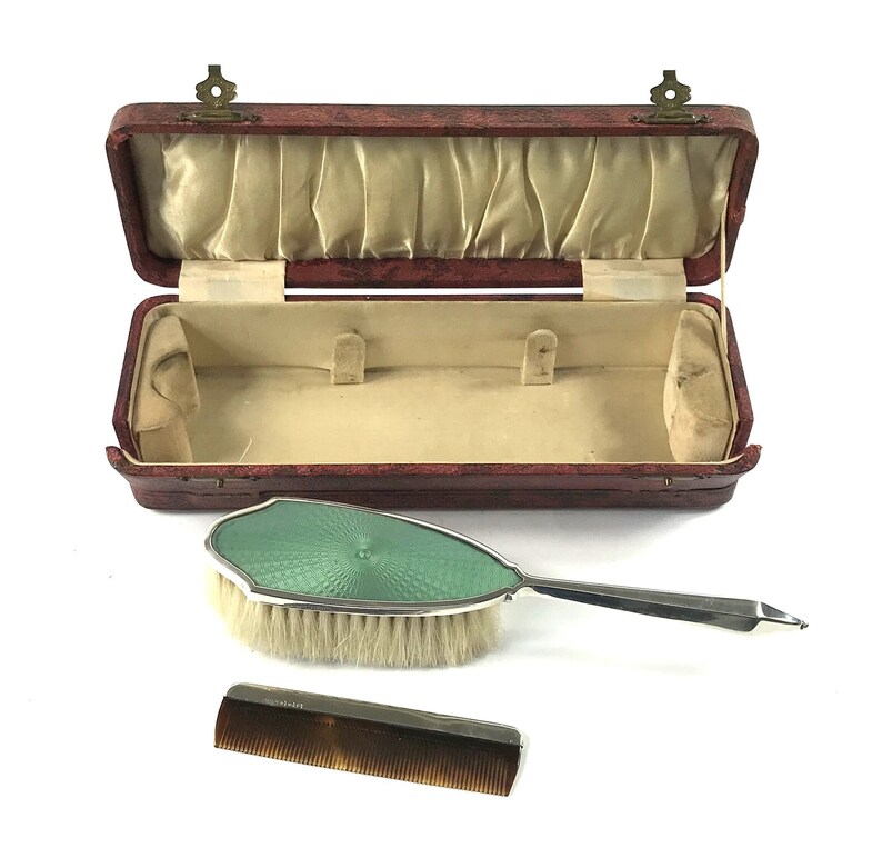 Art Deco Silver Guilloche Enamel Brush and Comb Set, in Original