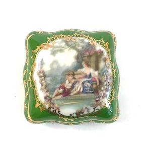 Caja de pastillas/parches cuadrada de porcelana pintada a mano de Limoges vintage