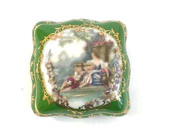 Caja de pastillas/parches cuadrada de porcelana pintada a mano de Limoges vintage