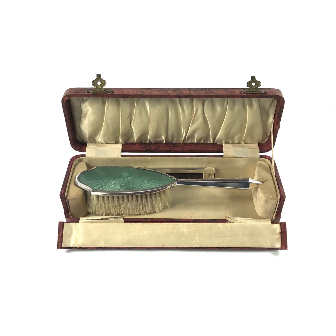 Art Deco Silver Guilloche Enamel Brush and Comb Set, in Original