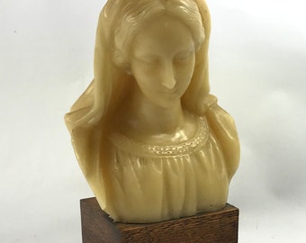 Vintage Wax Sculptured Bust of Our Lady Madonna Figurine Wax Statue.