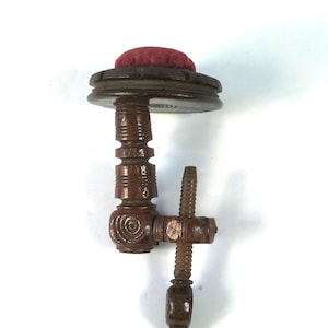 Antique Victorian Turned Oak Sewing Clamp With Red Silk Pin Cushion Top. C.1880.