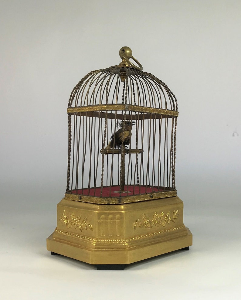 Antique French Chirping Bird in a Gilded Cage. C.1880. Mechanical Wind