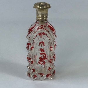 French Silver Topped Perfume Bottle w, Ruby Glass Overlay. C.1900