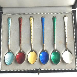 Vintage Boxed Set of Danish Enamel Silver Gilt Demitasse Spoons/ Egon Lauridsen