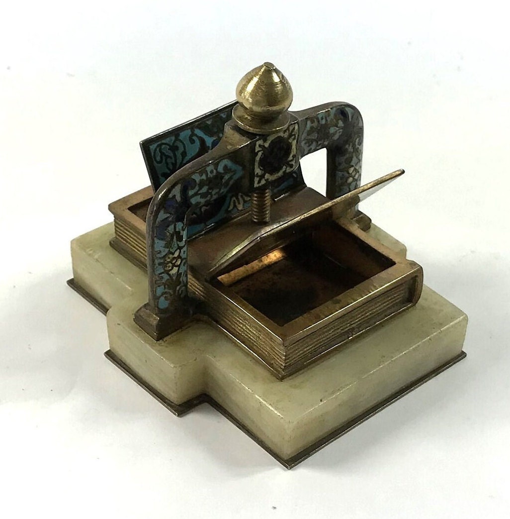 Antique Postage Stamp Holder in the Form of a Book Press. Enamel