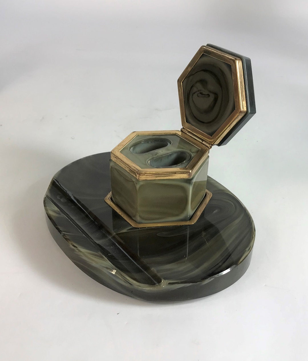 Beautiful Art Deco Desk Stand. Marble Inkwell and Pen Tray Etsy