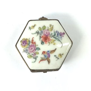 Vintage Porcelain Hexagonal Snuff, Pill, Patch or Trinket Box. Hand Painted Floral Designs.