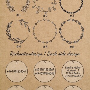 May include: Six different designs for pet ID tags. The designs include wreaths, hearts, and flowers. The back side of the tags show different text options, including phone numbers, "I'm microchipped", and "I'm lost! Please call".