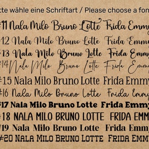 May include: A brown paper background with a list of 10 different font styles numbered 11 through 20. Each font style is used to write the names Nala, Milo, Bruno, Lotte, Frida, and Emmy. The text "Bitte w&auml;hle eine Schriftart / Please choose a font" is at the top of the image.