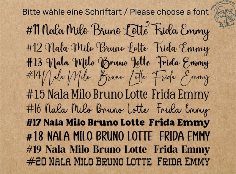 May include: A brown paper background with a list of 10 different font styles numbered 11 through 20. Each font style is used to write the names Nala, Milo, Bruno, Lotte, Frida, and Emmy. The text "Bitte w&auml;hle eine Schriftart / Please choose a font" is at the top of the image.