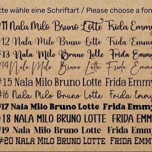 Puede incluir: Un fondo de papel marr&oacute;n con texto negro que muestra diferentes estilos de fuente para los nombres Nala, Milo, Bruno, Lotte, Frida y Emmy. El texto incluye los n&uacute;meros del 11 al 20.