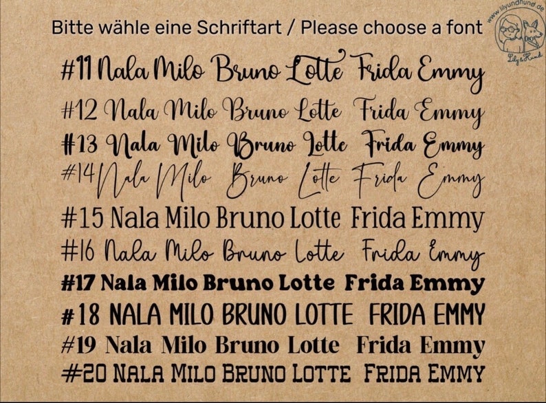 Puede incluir: Un fondo de papel marr&oacute;n con texto negro que muestra diferentes estilos de fuente para los nombres Nala, Milo, Bruno, Lotte, Frida y Emmy. El texto incluye los n&uacute;meros del 11 al 20.