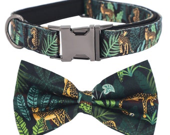 Jungle Design /Personalized Dog Collar Bow Tie and Leash Set/ Free Engraving Name and phone number on buckle for small medium big dog cat