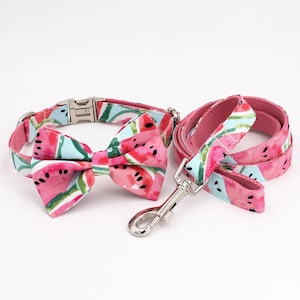 Könnte beinhalten: Ein pinkfarbenes und grünes Hundehalsband und eine Leine mit Wassermelonenmuster. Das Halsband hat eine passende Schleife.
