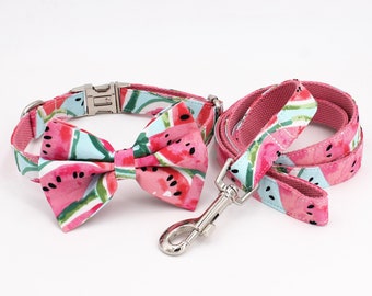 Water melon Design /Personalized Dog Collar Bow Tie and Leash Set/ Free Engraving Name phone number on buckle for small medium big dog cat