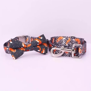 Pode incluir: Um conjunto de coleira e trela para cães preto e laranja com estampa de raposa. A coleira tem uma fivela prateada e a trela tem um gancho prateado.