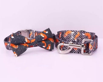 Foxy Design/Personalized Dog Collar Bow Tie and Leash Set / Free Engraving Name and phone number on buckle for small medium big dog cat