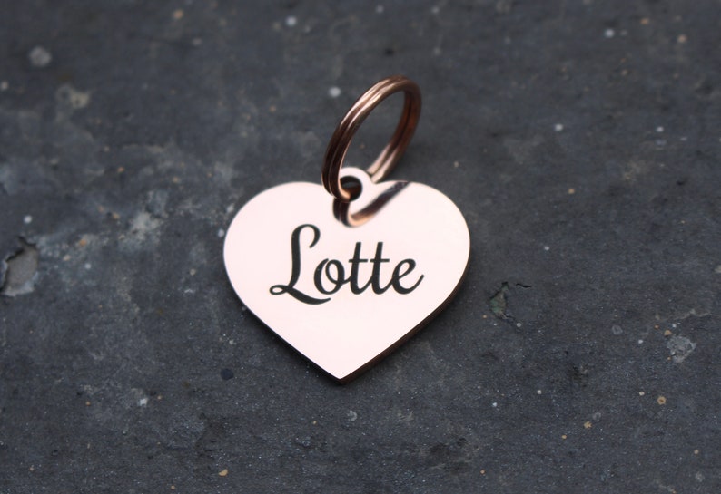以下が含まれることがあります： 「Lotte」と刻まれた、ローズゴールドのハート型のペットタグです。