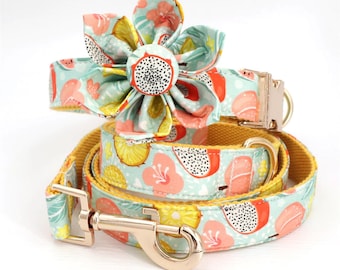 Tropical fruit /Personalized Dog Collar with flower and Leash Set/ Free Engraving Name & phone number on buckle for small medium big dog cat