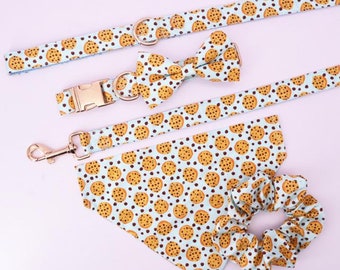 Cookie Design Personalized Dog Collar Bow Tie and Leash Set with Free Engraving Name and phone number on buckle for small medium big dog cat