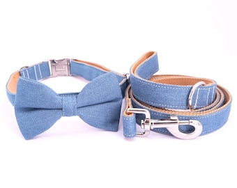 Jeans Design /Personalized Dog Collar Bow Tie and Leash Set/ Free Engraving Name and phone number on buckle for small medium big dog cat