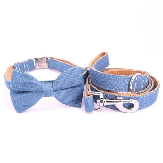 Jeans Design /personalized Dog Collar Bow Tie and Leash Set  display picture 1