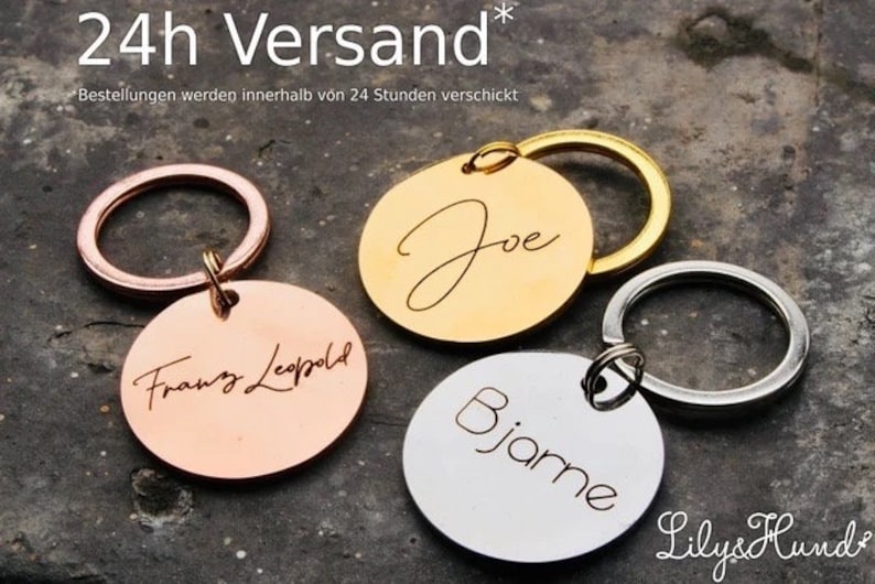 May include: Three round metal keychains with different names engraved on them. The keychains are gold, silver, and copper. The names are "Joe", "Franz Leopold", and "Bjarne".